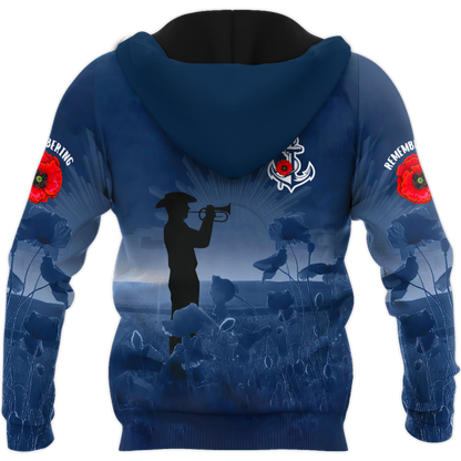 Rememberance Anzac Day Poppy Flower Navy Premium Unisex Hoodie ML