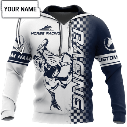 Personalized Name Horse Racing Blue 3D All Over Printed Unisex Hoodie