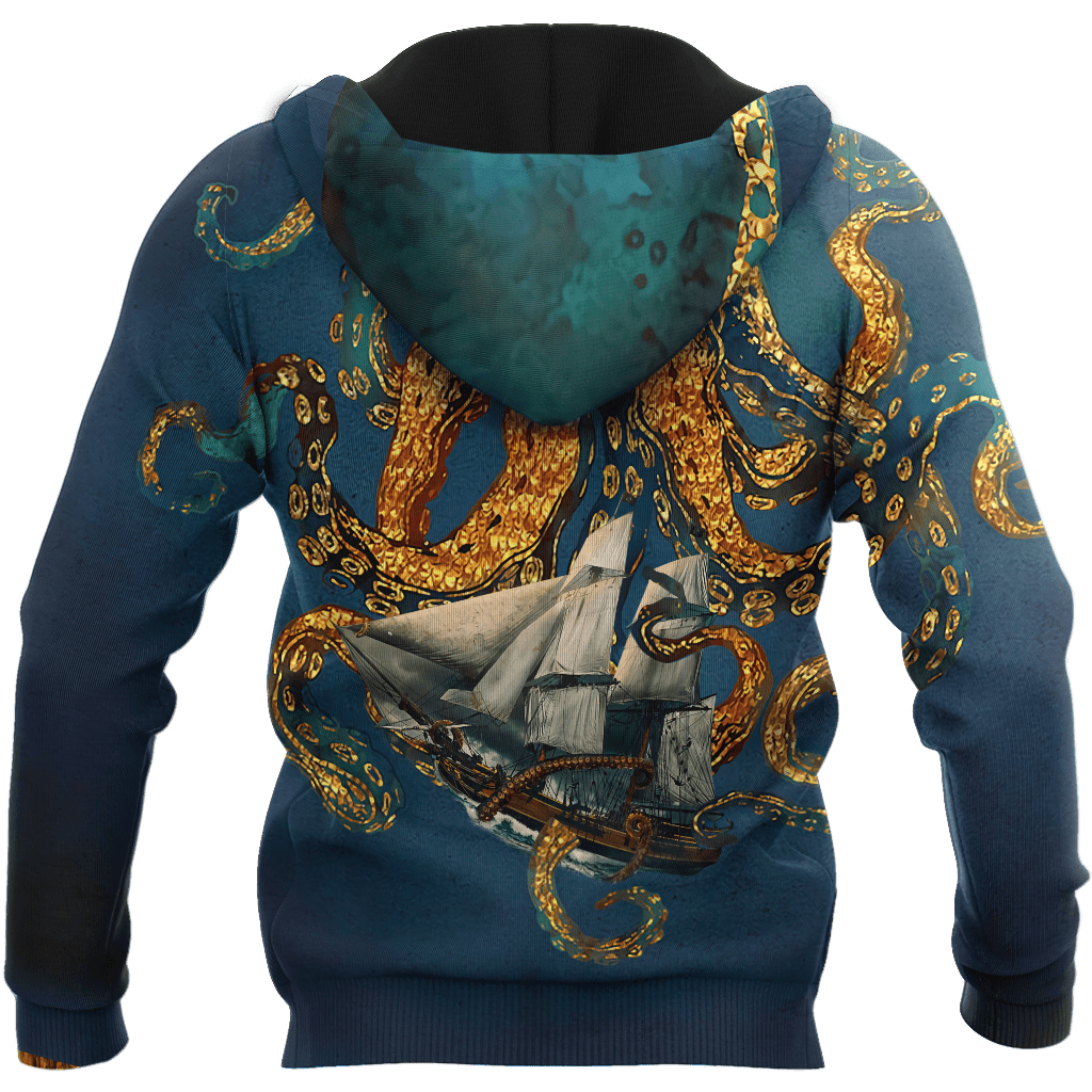 Premium Unisex Hoodie Black And White Kraken Octopus King of The Seven Seas ML