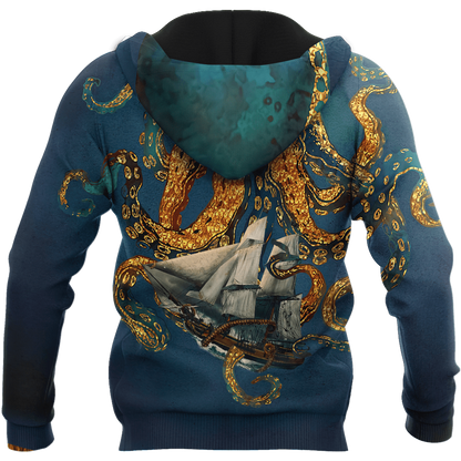 Premium Unisex Hoodie Black And White Kraken Octopus King of The Seven Seas ML