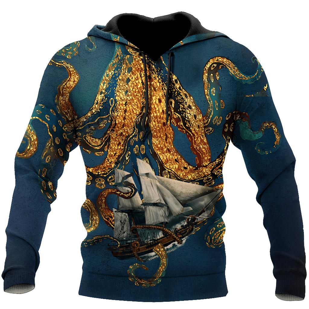 Premium Unisex Hoodie Black And White Kraken Octopus King of The Seven Seas ML