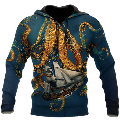 Premium Unisex Hoodie Black And White Kraken Octopus King of The Seven Seas ML
