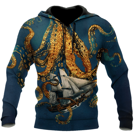 Premium Unisex Hoodie Black And White Kraken Octopus King of The Seven Seas ML