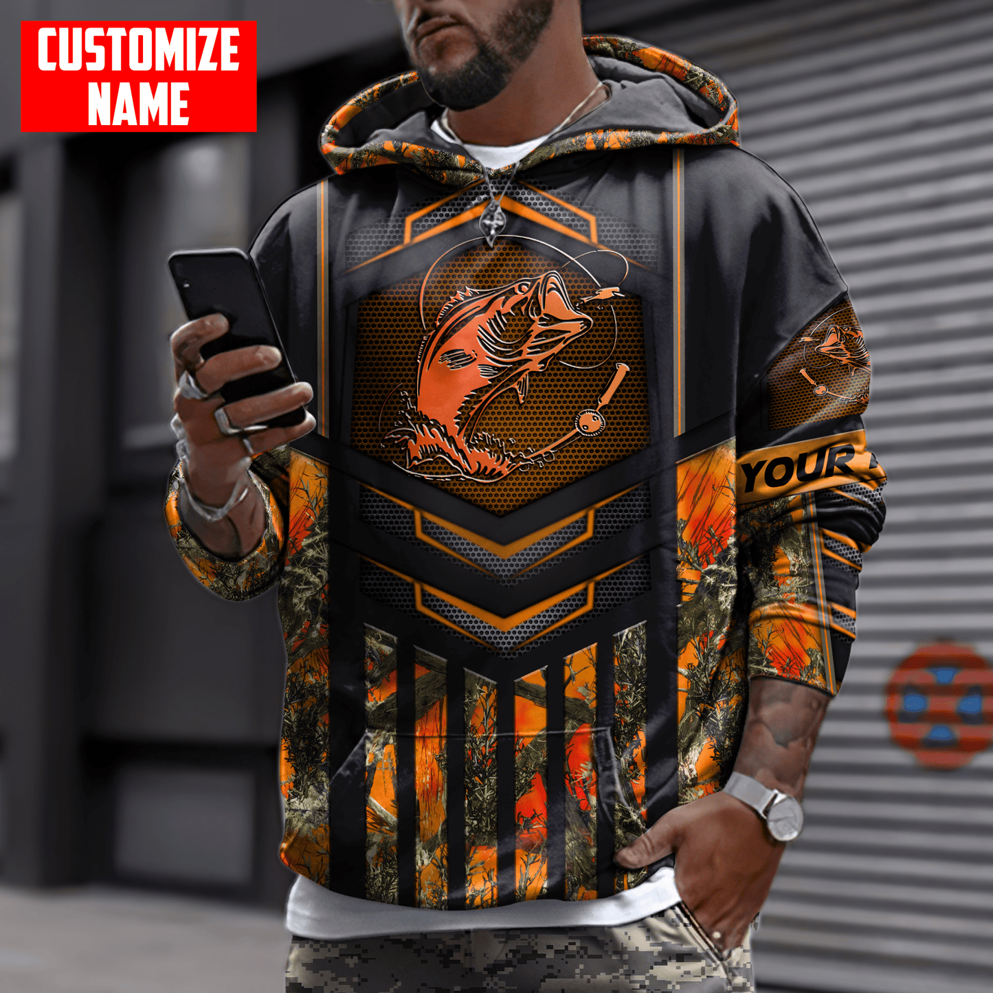 Custom name Fishing Orange Steel Camo 3D printed shirts