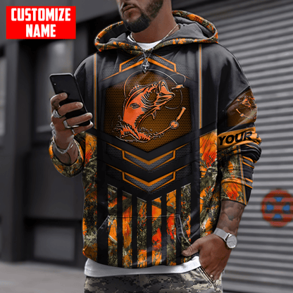 Custom name Fishing Orange Steel Camo 3D printed shirts