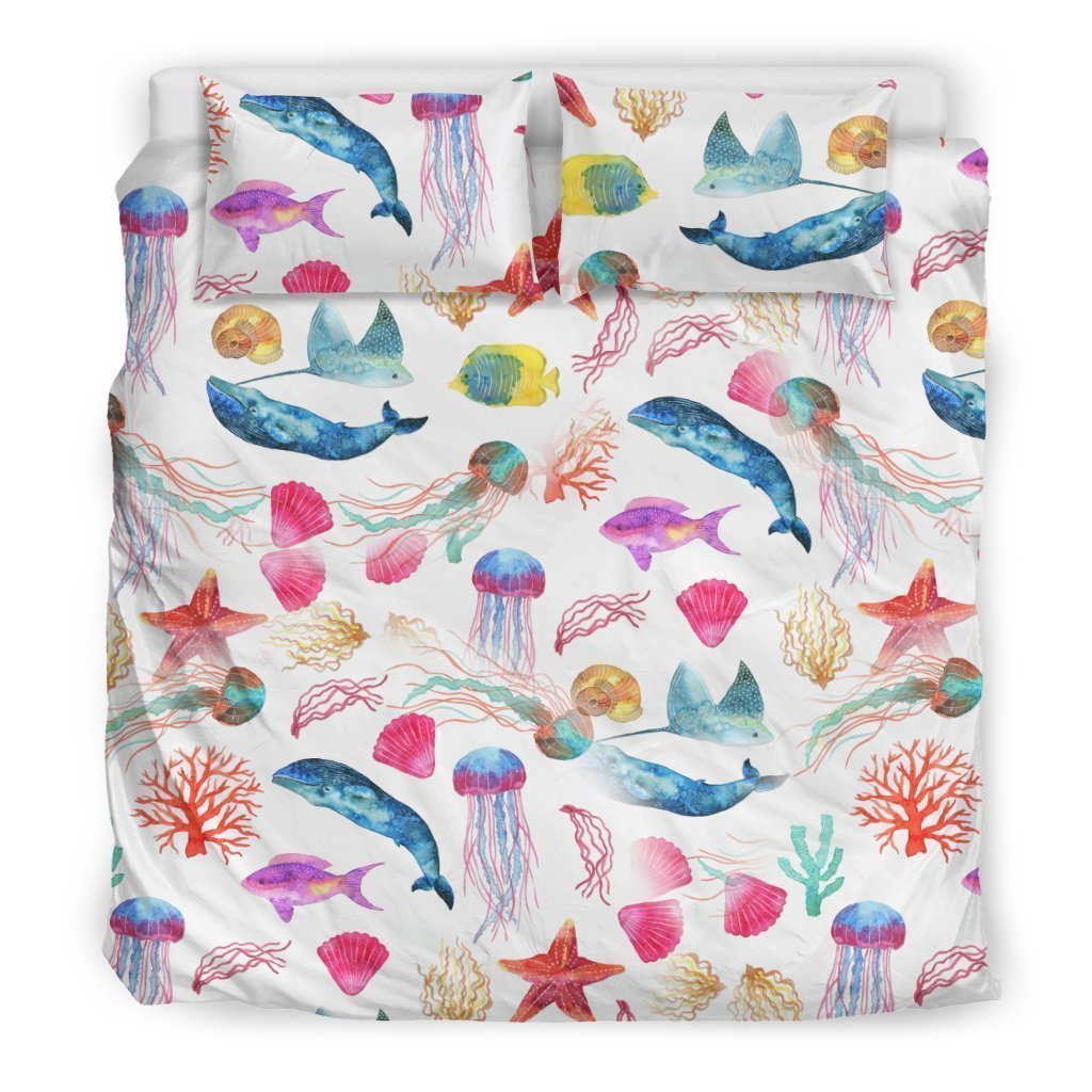 Watercolor Ocean Bedding Set with Whales and Fish-6teenth World™-Bedding Set-US King-Vibe Cosy™