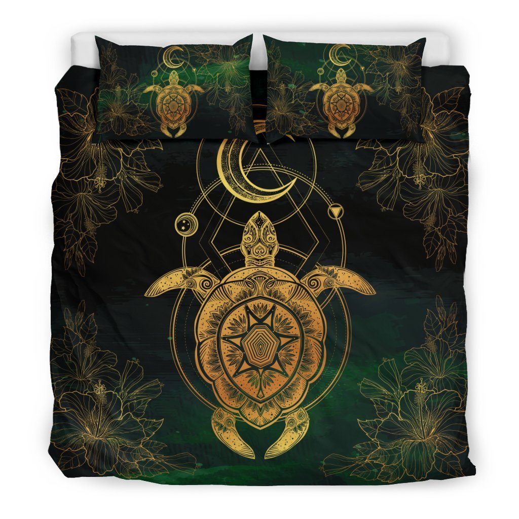 Golden Turtle And Moon Hawaiian Bedding Set - AH-BEDDING SETS-Alohawaii-US King-Black-Polyester-Vibe Cosy™