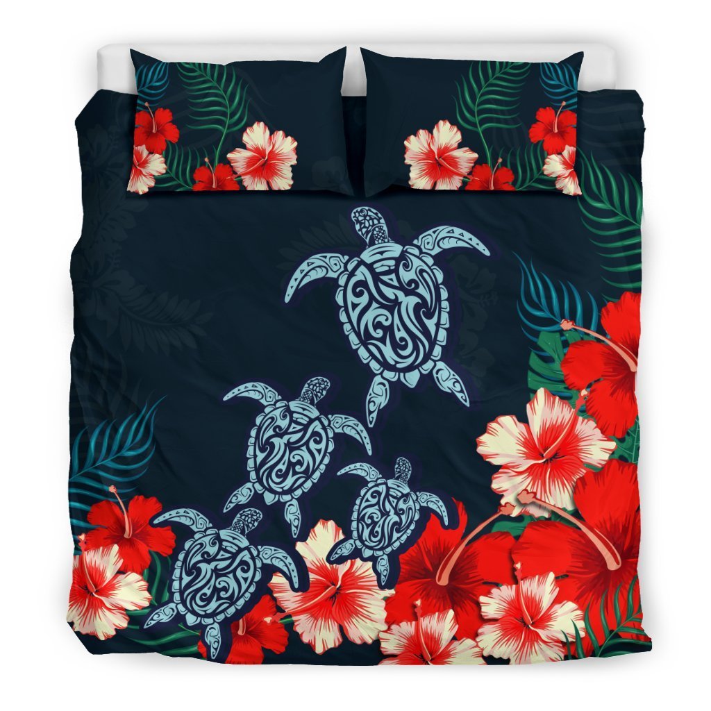 Hawaiian Hibiscus And Polynesian Turtle Bedding Set - AH-BEDDING SETS-Alohawaii-US King-Black-Polyester-Vibe Cosy™