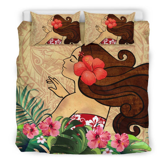 Girl And Hibiscus Bedding Set - AH - A0-BEDDING SETS-Alohawaii-US King-Black-Polyester-Vibe Cosy™