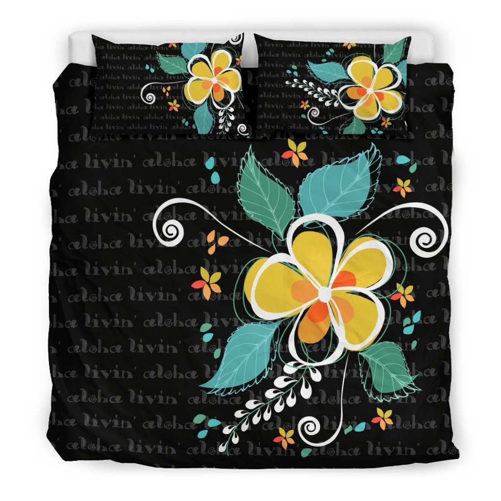 Aloha Plumeria Bedding Set - AH-BEDDING SETS-Alohawaii-US King-Black-Polyester-Vibe Cosy™
