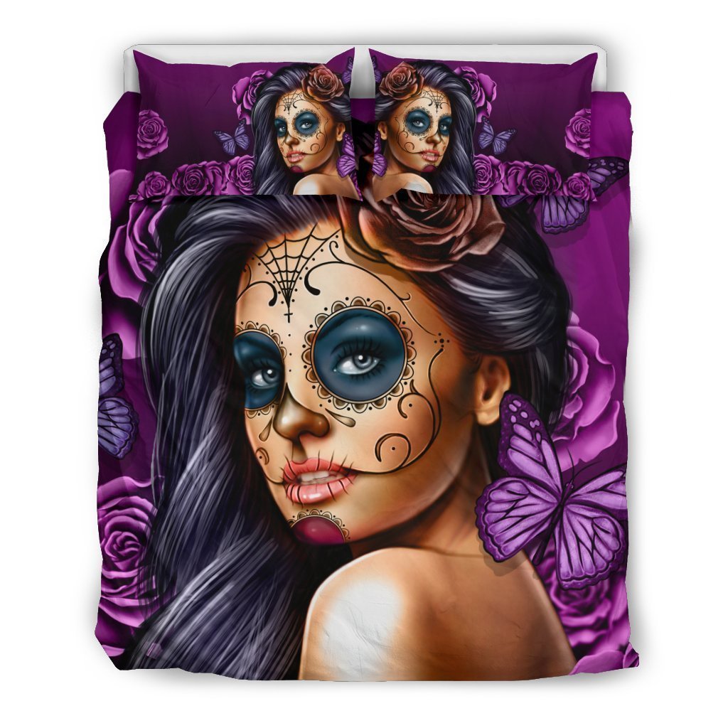 Bedding Set Calavera (Violet on Beige)-6teenth World™-Bedding Set-Queen/Full-Vibe Cosy™