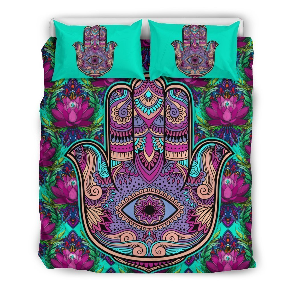 Hamsa Lotus Bedding Set-6teenth World™-Bedding Set-Queen/Full-Vibe Cosy™