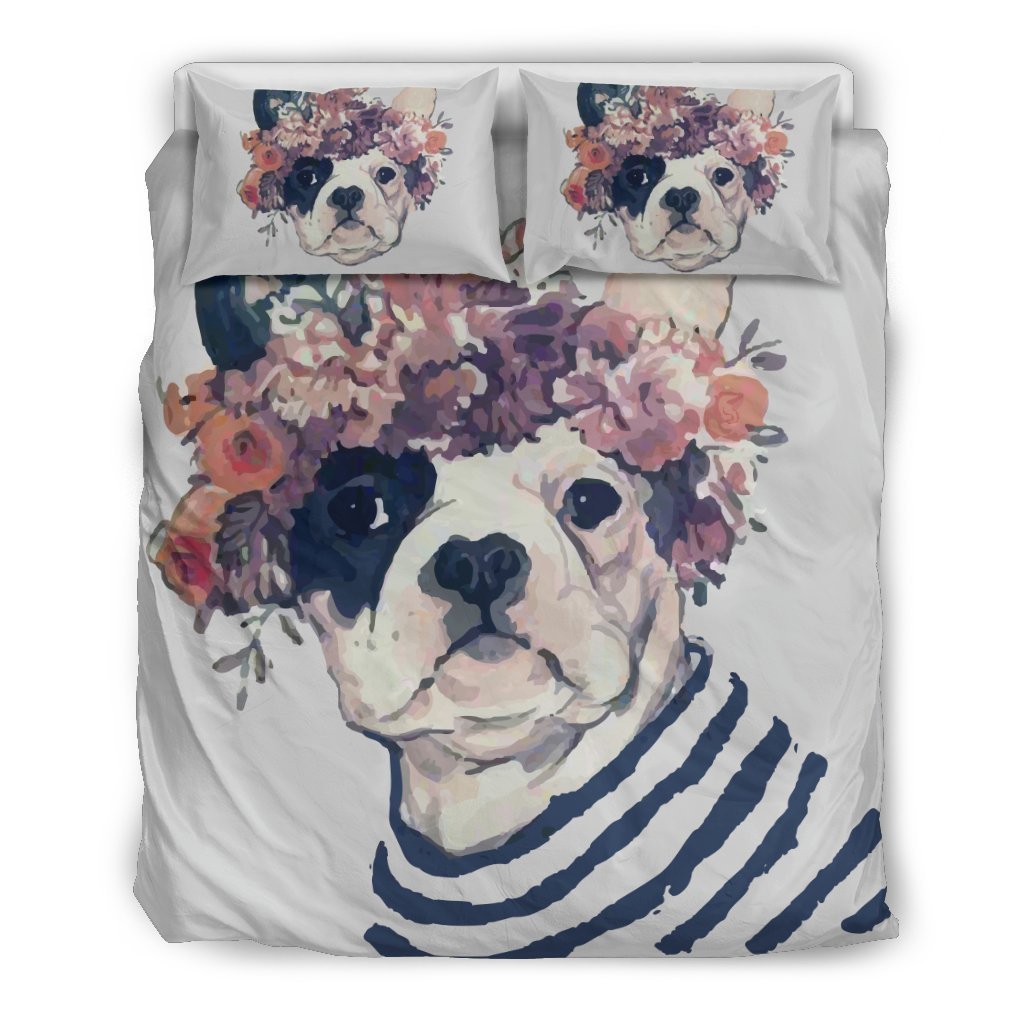 FLOWER FRENCH BULLDOG BEDDING SET-6teenth World™-Bedding Set-Queen/Full-Vibe Cosy™