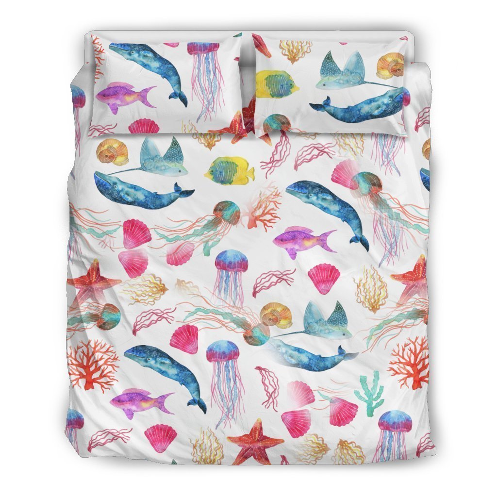 Watercolor Ocean Bedding Set with Whales and Fish-6teenth World™-Bedding Set-US Queen/Full-Vibe Cosy™