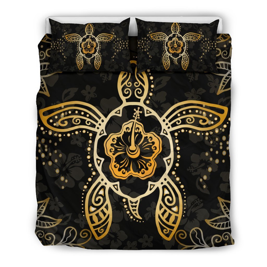 Hawaii Golden Turtle And Hibiscus Bedding Set - AH-BEDDING SETS-Alohawaii-US Queen/Full-Polyester-Black-Vibe Cosy™