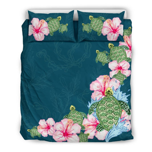 Hibiscus And Turtle Hawaiian Bedding Set - AH - K5-BEDDING SETS-Alohawaii-US Queen/Full-Black-Polyester-Vibe Cosy™