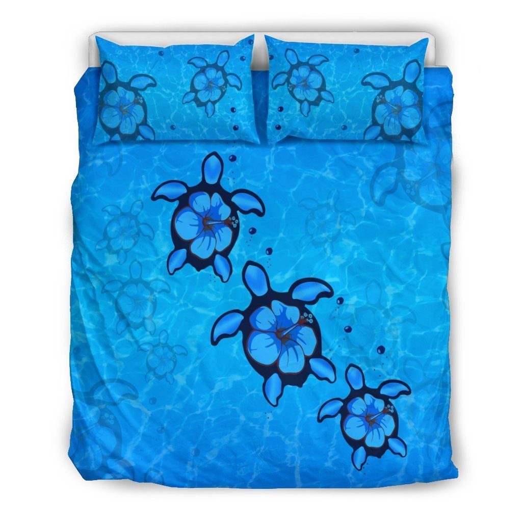 Turtle With Hibiscus Hawaiian Bedding Set - AH-BEDDING SETS-Phaethon-US Queen/Full-Black-Polyester-Vibe Cosy™