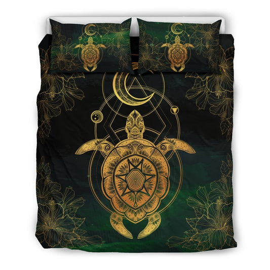 Golden Turtle And Moon Hawaiian Bedding Set - AH-BEDDING SETS-Alohawaii-US Queen/Full-Black-Polyester-Vibe Cosy™