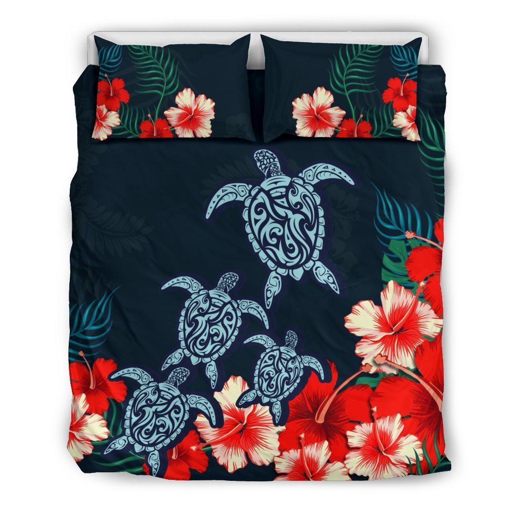 Hawaiian Hibiscus And Polynesian Turtle Bedding Set - AH-BEDDING SETS-Alohawaii-US Queen/Full-Black-Polyester-Vibe Cosy™