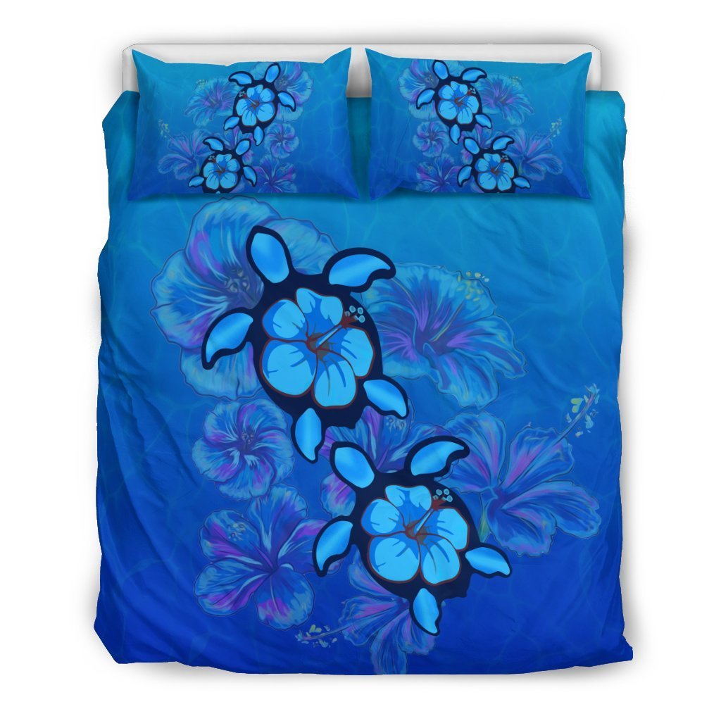 Hawaii Blue Turtle and Hibiscus Bedding Set - AH-BEDDING SETS-Alohawaii-US Queen/Full-Black-Polyester-Vibe Cosy™
