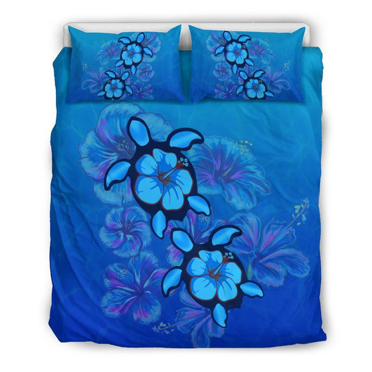 Hawaii Blue Turtle and Hibiscus Bedding Set - AH-BEDDING SETS-Alohawaii-US Queen/Full-Black-Polyester-Vibe Cosy™