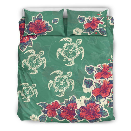 Hawaii Turtle And Colorful Hibiscus Bedding Set - AH-BEDDING SETS-Alohawaii-US Queen/Full-Black-Polyester-Vibe Cosy™