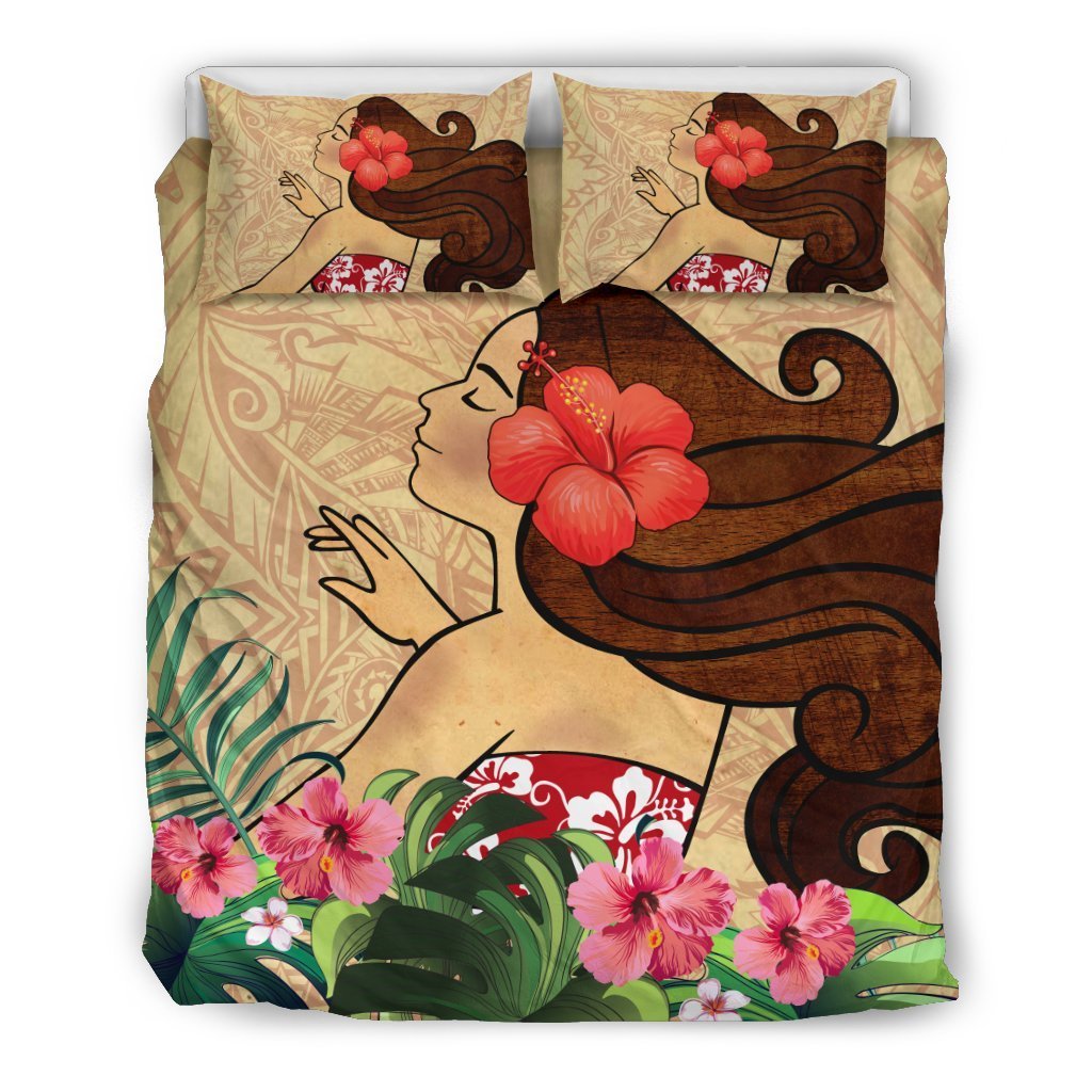 Girl And Hibiscus Bedding Set - AH - A0-BEDDING SETS-Alohawaii-US Queen/Full-Black-Polyester-Vibe Cosy™