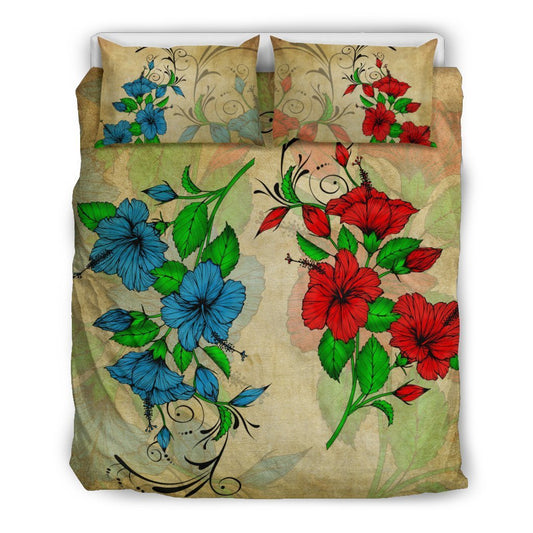 Hibiscus Blue And Red Bedding Set - AH-BEDDING SETS-Alohawaii-US Queen/Full-Black-Polyester-Vibe Cosy™