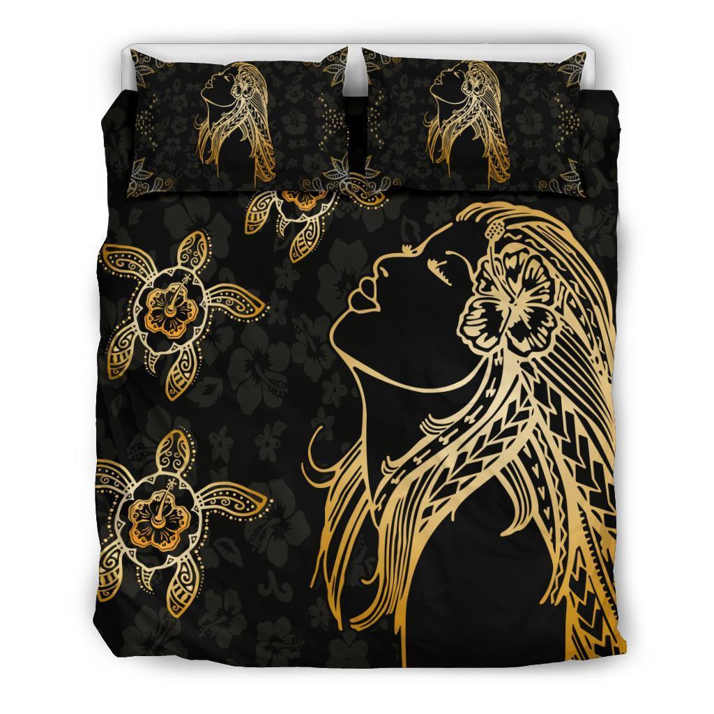 Hula Girl And Turtle Hibiscus Bedding Set - AH - J1-BEDDING SETS-Alohawaii-Bedding Set-US Queen/Full-Black-Vibe Cosy™