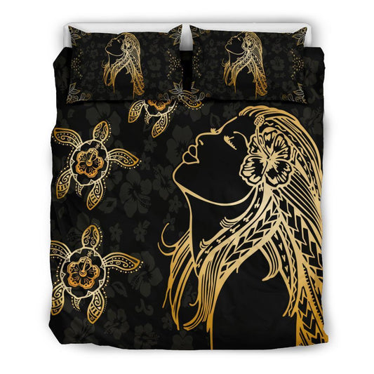 Hula Girl And Turtle Hibiscus Bedding Set - AH - J1-BEDDING SETS-Alohawaii-Bedding Set-US Queen/Full-Black-Vibe Cosy™