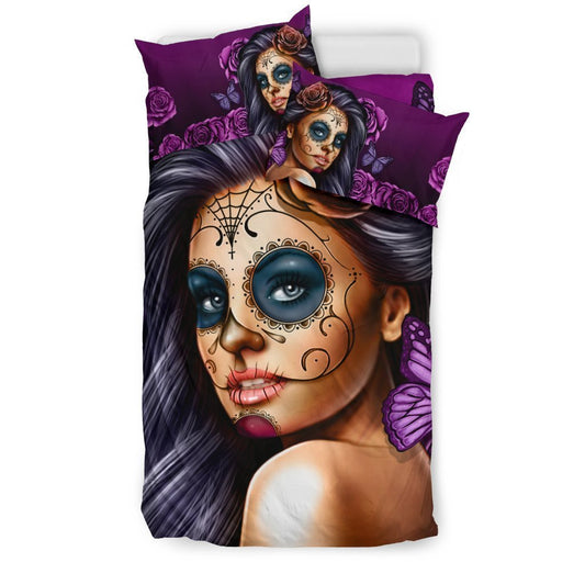 Bedding Set Calavera (Violet on Beige)-6teenth World™-Bedding Set-Twin-Vibe Cosy™