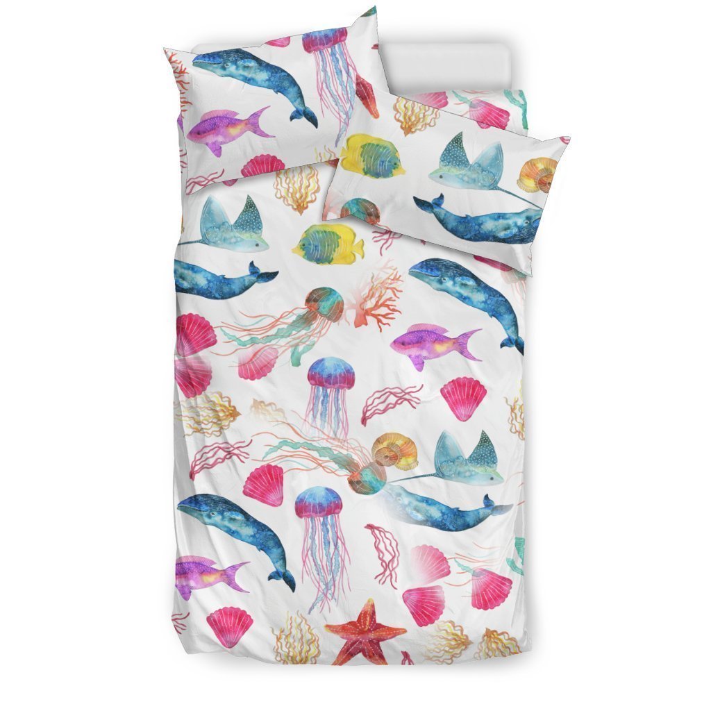 Watercolor Ocean Bedding Set with Whales and Fish-6teenth World™-Bedding Set-US Twin-Vibe Cosy™