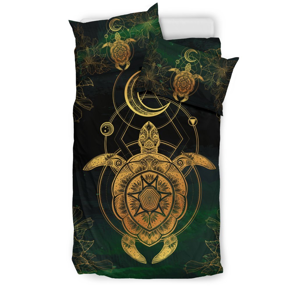 Golden Turtle And Moon Hawaiian Bedding Set - AH-BEDDING SETS-Alohawaii-US Twin-Black-Polyester-Vibe Cosy™