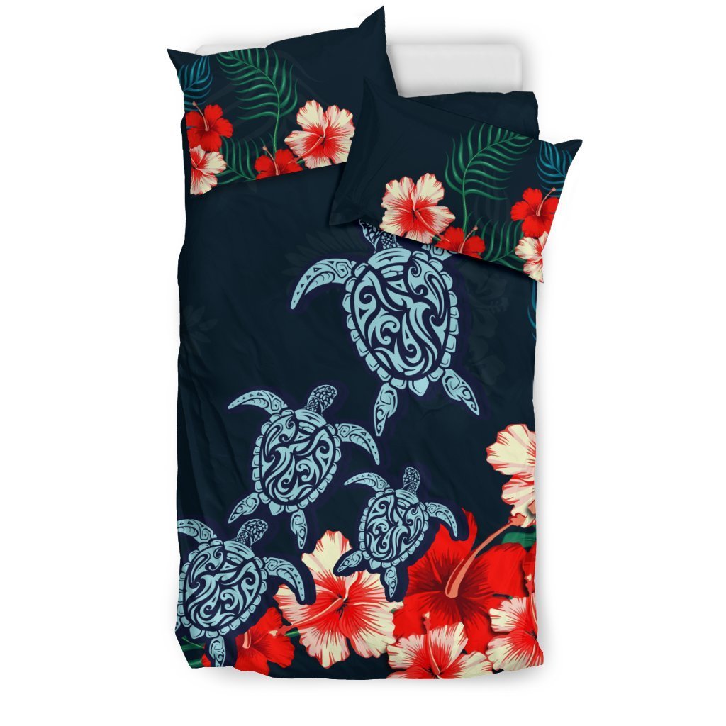 Hawaiian Hibiscus And Polynesian Turtle Bedding Set - AH-BEDDING SETS-Alohawaii-US Twin-Black-Polyester-Vibe Cosy™