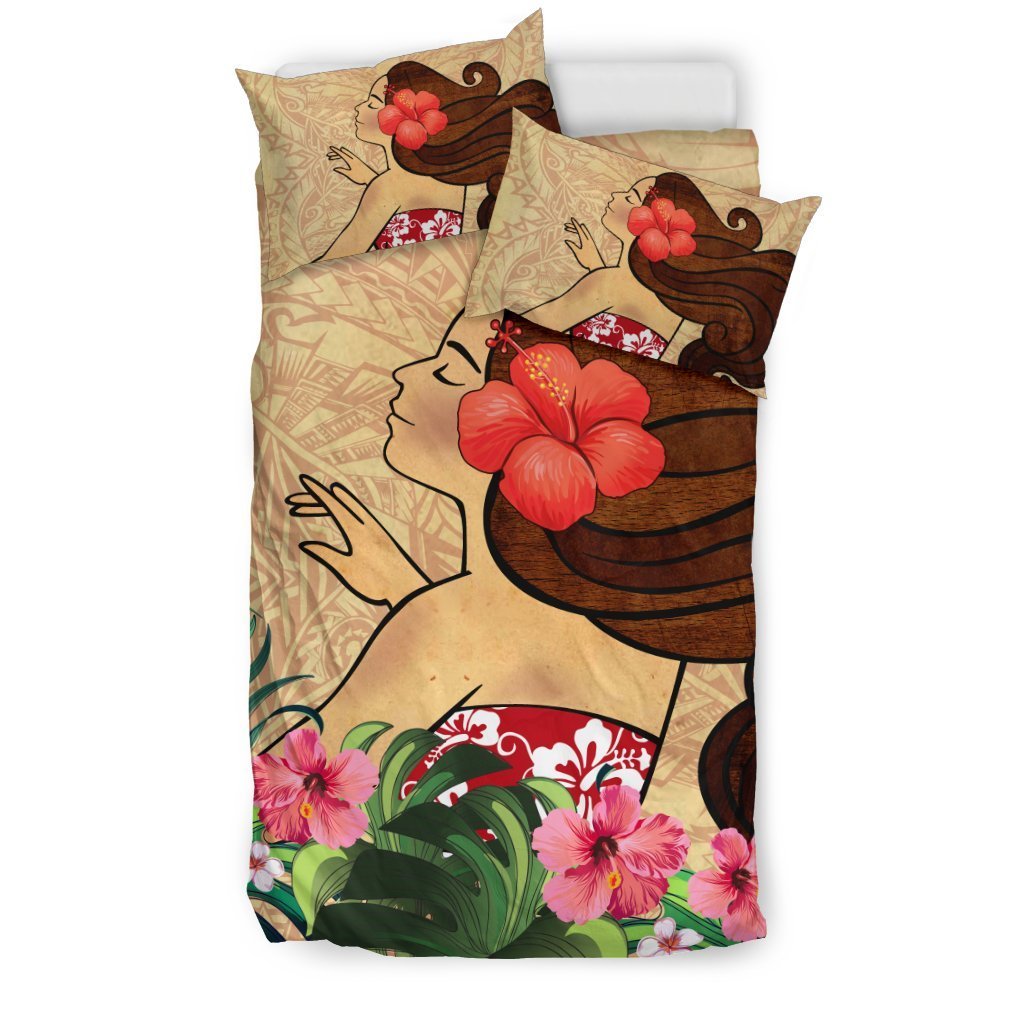Girl And Hibiscus Bedding Set - AH - A0-BEDDING SETS-Alohawaii-US Twin-Black-Polyester-Vibe Cosy™