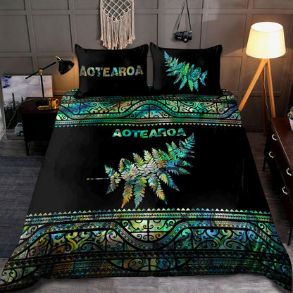 New Zealand Aotearoa Bedding Set Manaia Silver Fern Paua Shell Green Version ML