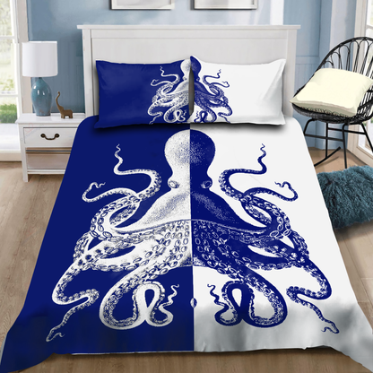 Premium Bedding Set Blue And White Kraken Octopus King of The Seven Seas ML
