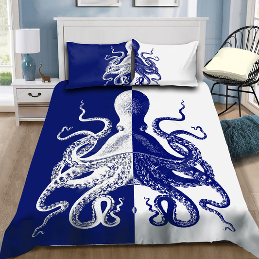 Premium Bedding Set Blue And White Kraken Octopus King of The Seven Seas ML