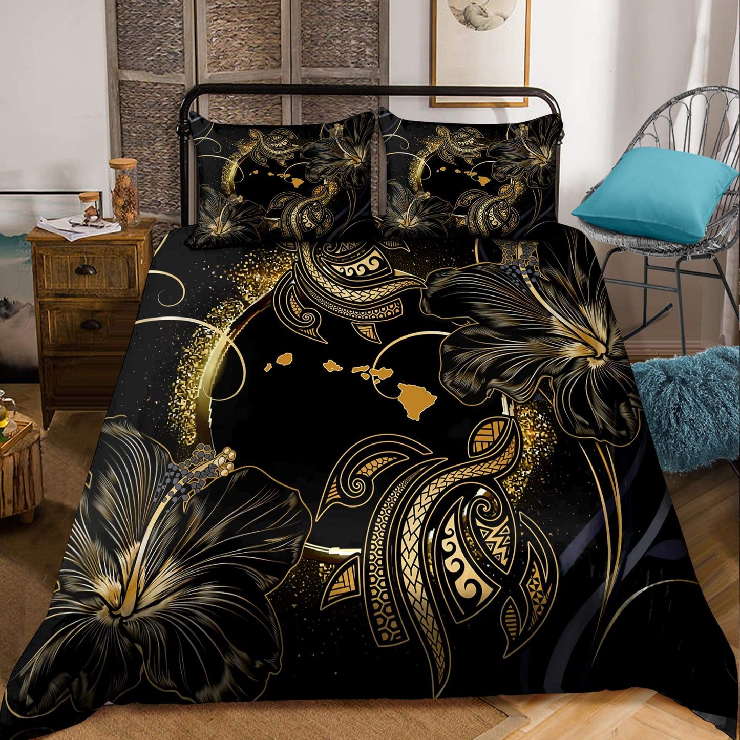 Amazing Polynesian Hawaii Turtle Golden Bedding Set ML