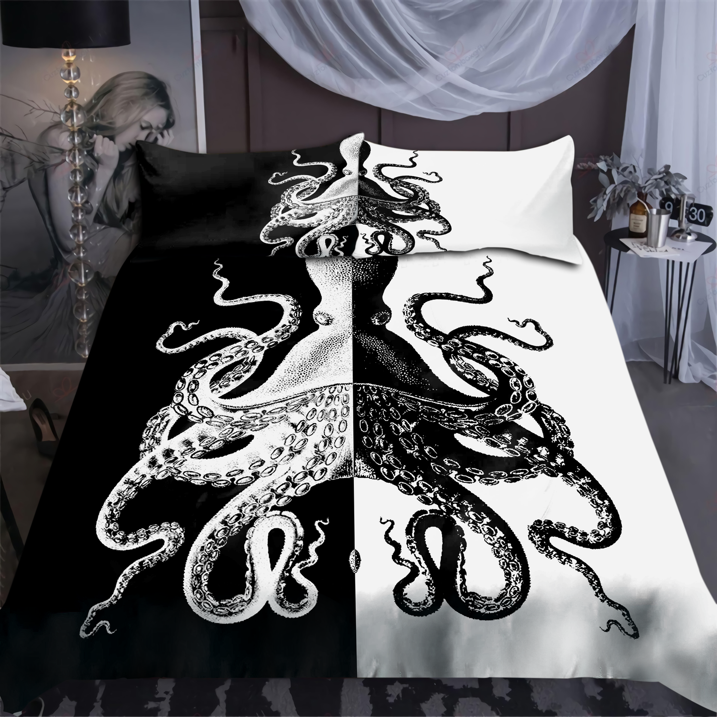Premium Bedding Set Black And White Kraken Octopus King of The Seven Seas ML