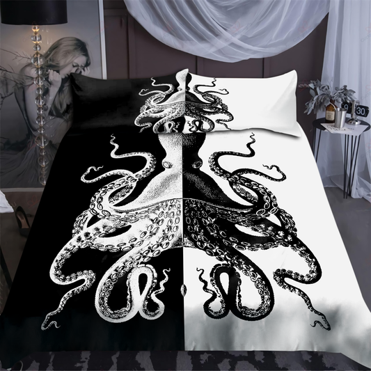 Premium Bedding Set Black And White Kraken Octopus King of The Seven Seas ML