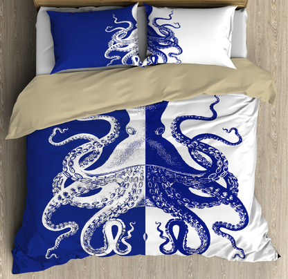 Premium Bedding Set Blue And White Kraken Octopus King of The Seven Seas ML