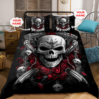 Customize Name Couple Skull Art Bedding Set