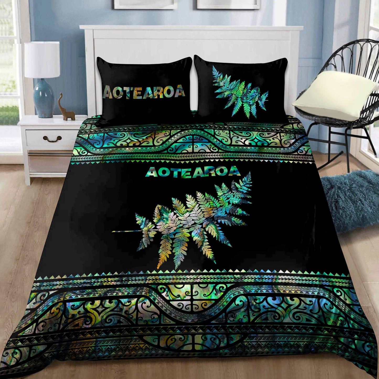 New Zealand Aotearoa Bedding Set Manaia Silver Fern Paua Shell Green Version ML