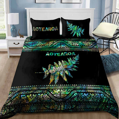 New Zealand Aotearoa Bedding Set Manaia Silver Fern Paua Shell Green Version ML
