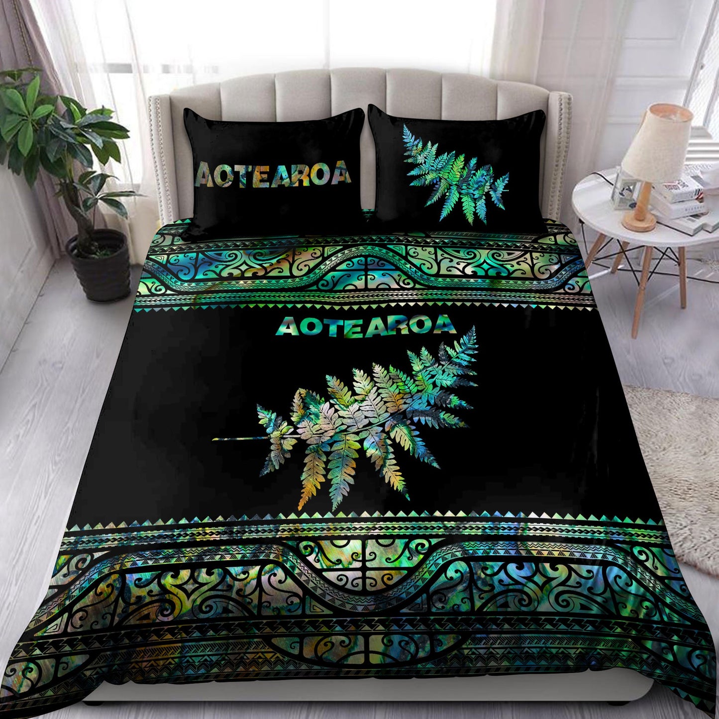 New Zealand Aotearoa Bedding Set Manaia Silver Fern Paua Shell Green Version ML
