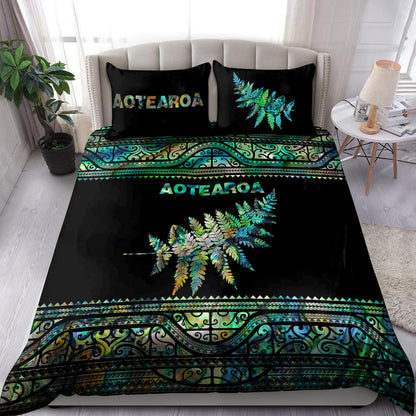 New Zealand Aotearoa Bedding Set Manaia Silver Fern Paua Shell Green Version ML