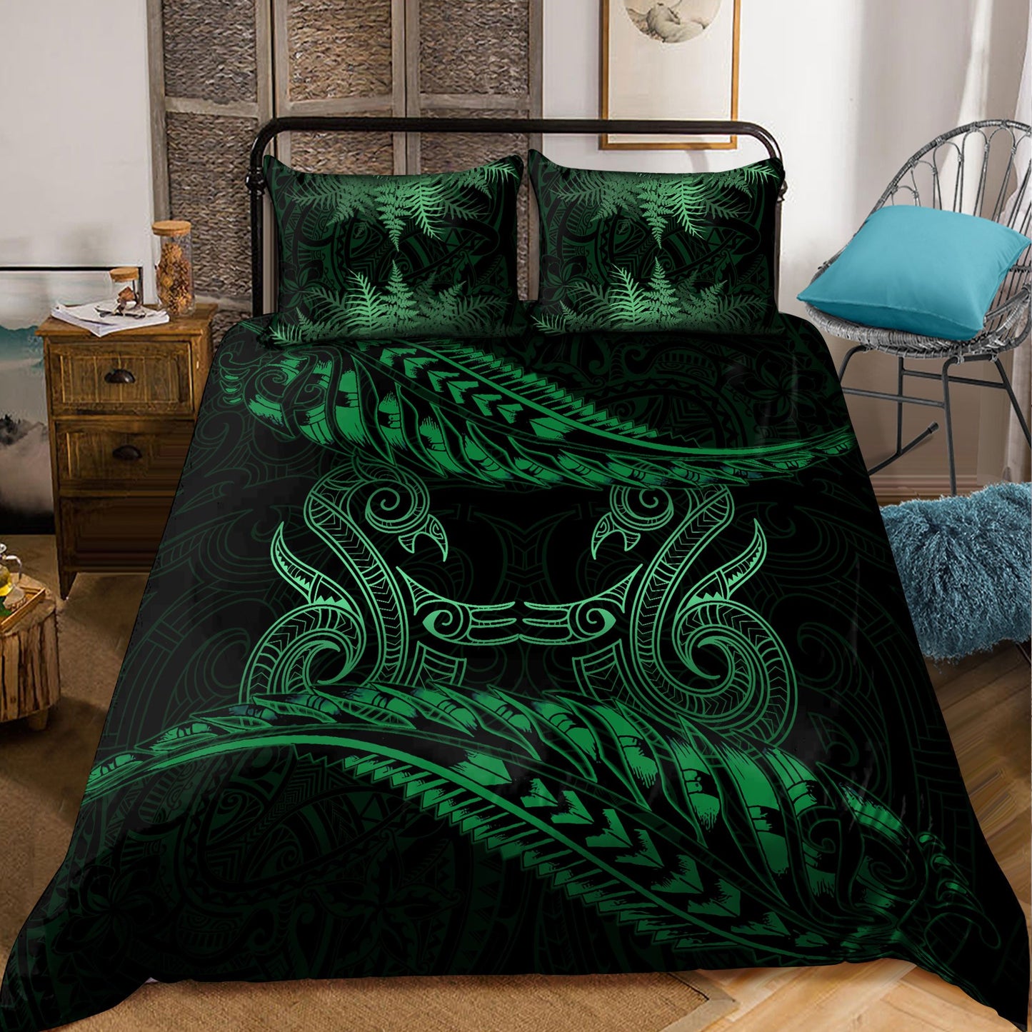 New Zealand Bedding Set Green Manaia Maori - Silver Fern Duvet Cover and Pillow Case ML NTN20032103
