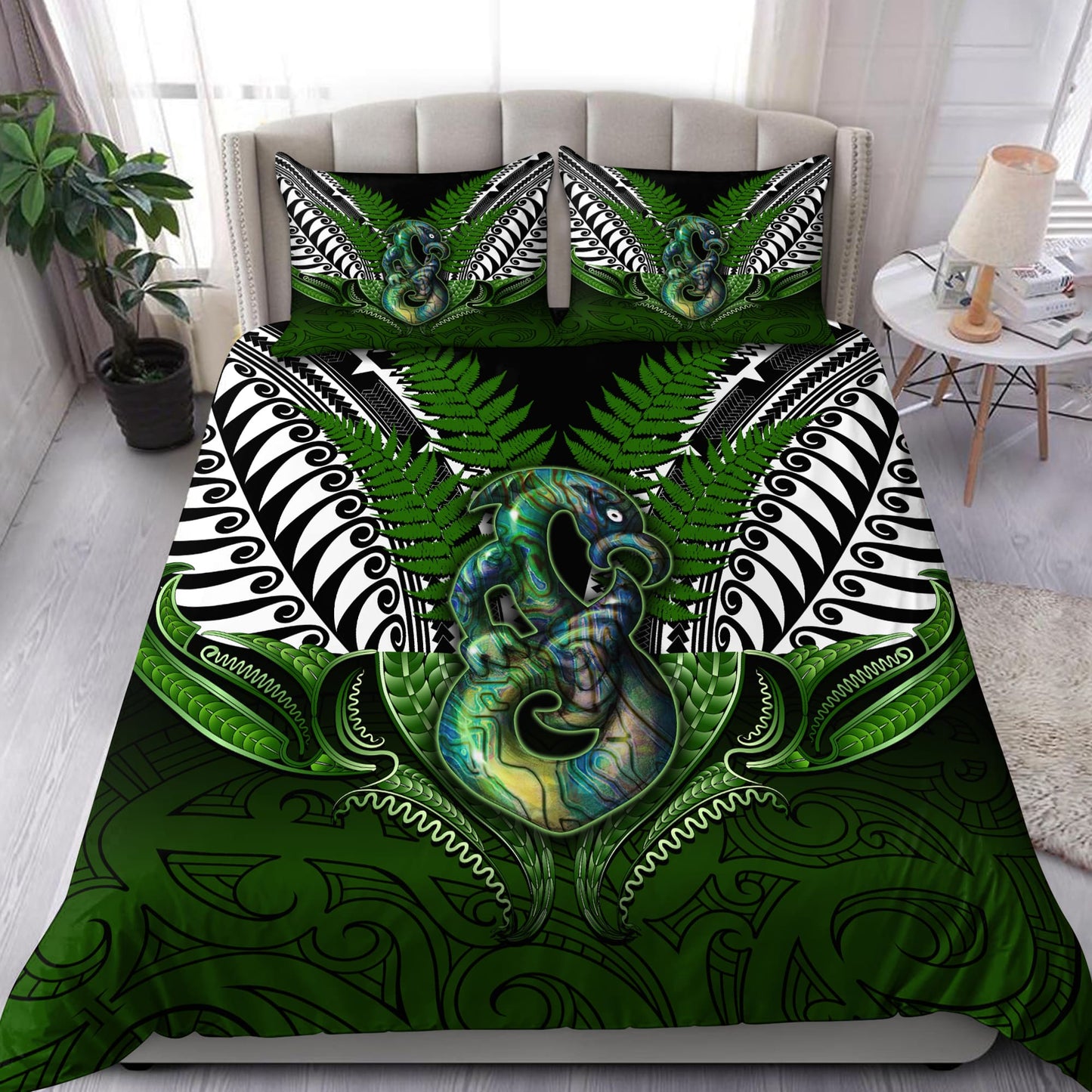 New Zealand Aotearoa Maori Tiki Silver Fern Paua Shell 3D Bedding Set ML