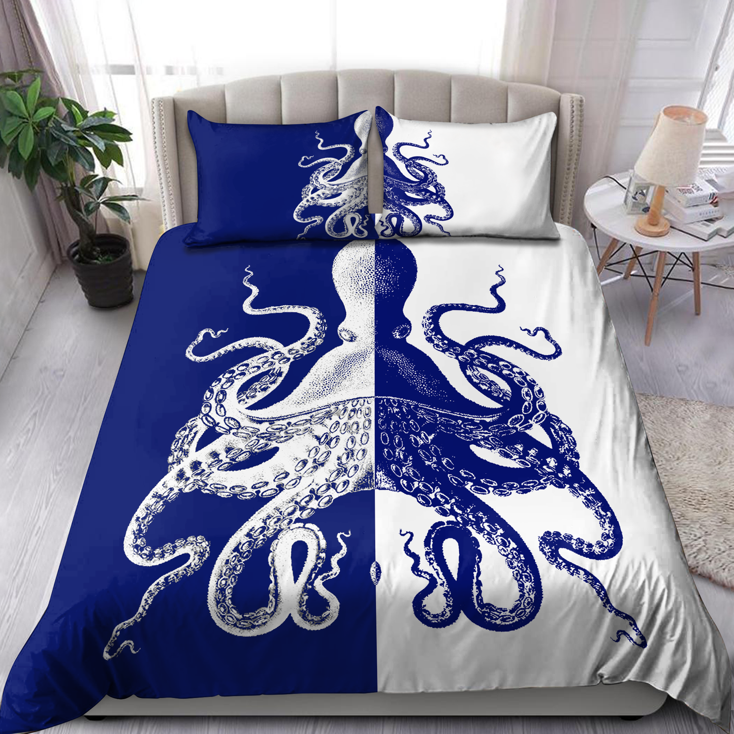 Premium Bedding Set Blue And White Kraken Octopus King of The Seven Seas ML
